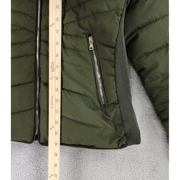 Snobbish Puffer Jacket Womens Large Olive Green Black Faux Fur Hooded Full Zip - Picture 6 of 16